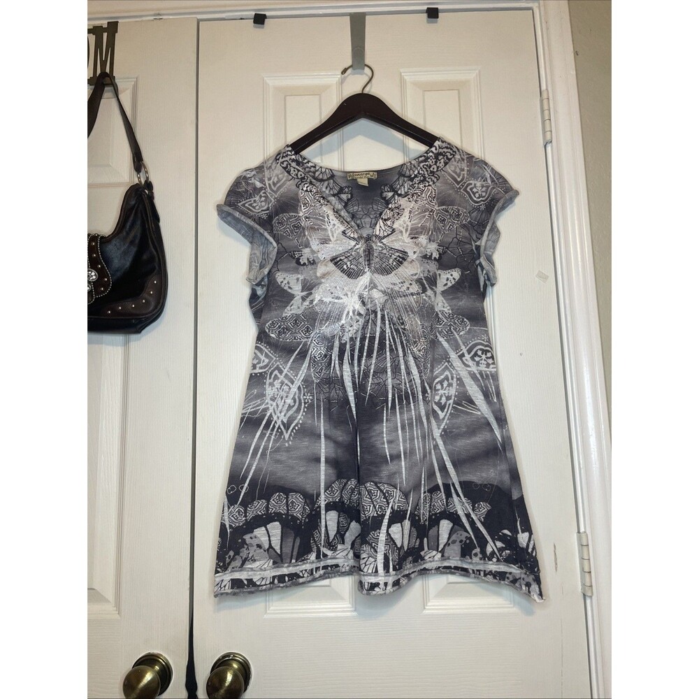 Vintage 2000s Energē World Wear Butterfly Graphic Tunic L Boho V-Neck Gray Black